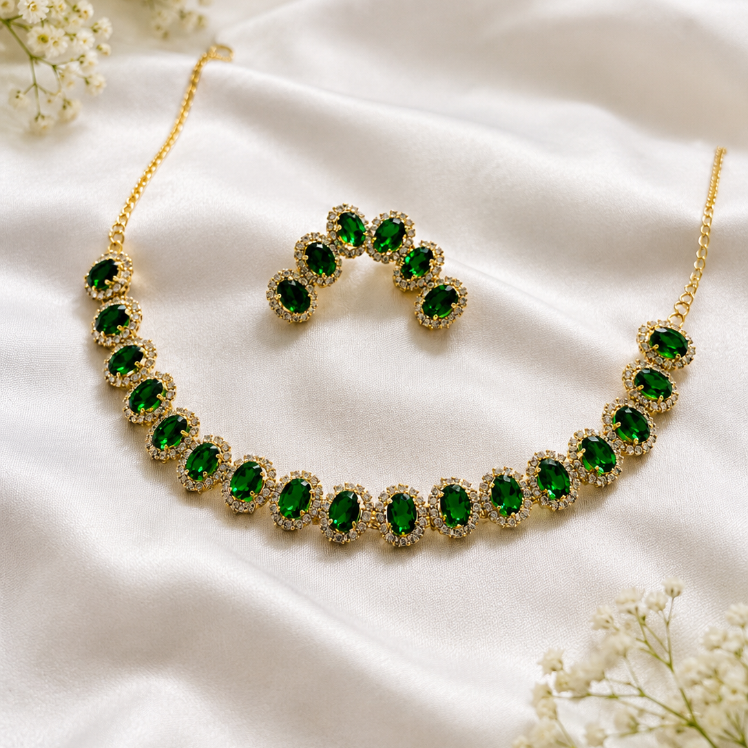 Green Stone Necklace Set with Earrings for Women and Kids | CN-002