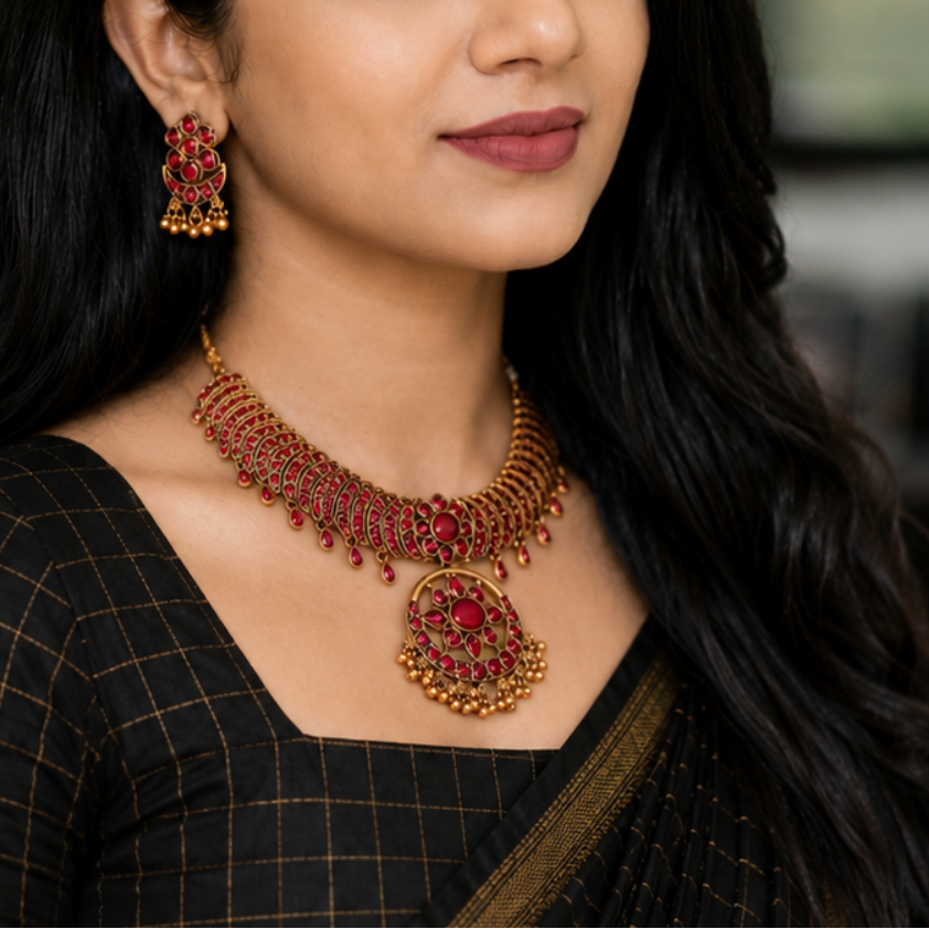Black Traditional Saree and Red Traditional Necklace