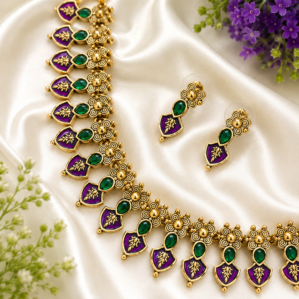 Budget Friendly Purple & Green Stone Palakka Floral Onam Necklace Set with Earrings | TN-028
