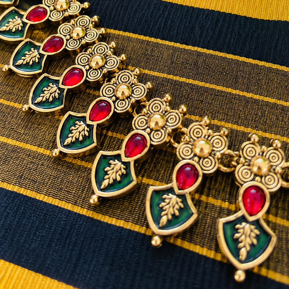 Budget Friendly Green and Red Stone Palakka Floral Necklace Set with Earrings | TN-026