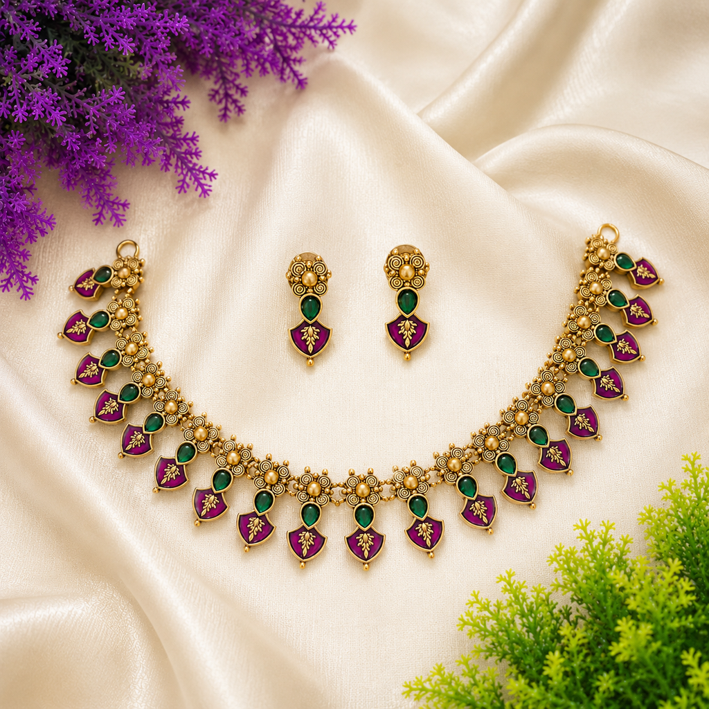 Budget Friendly Purple & Green Stone Palakka Floral Onam Necklace Set with Earrings | TN-028