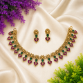 Budget Friendly Purple & Green Stone Palakka Floral Onam Necklace Set with Earrings | TN-028