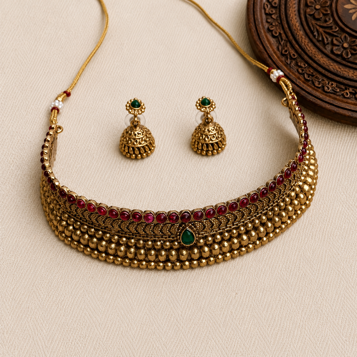 Traditional Ruby & Green Stone Choker Necklace Set | TN-032