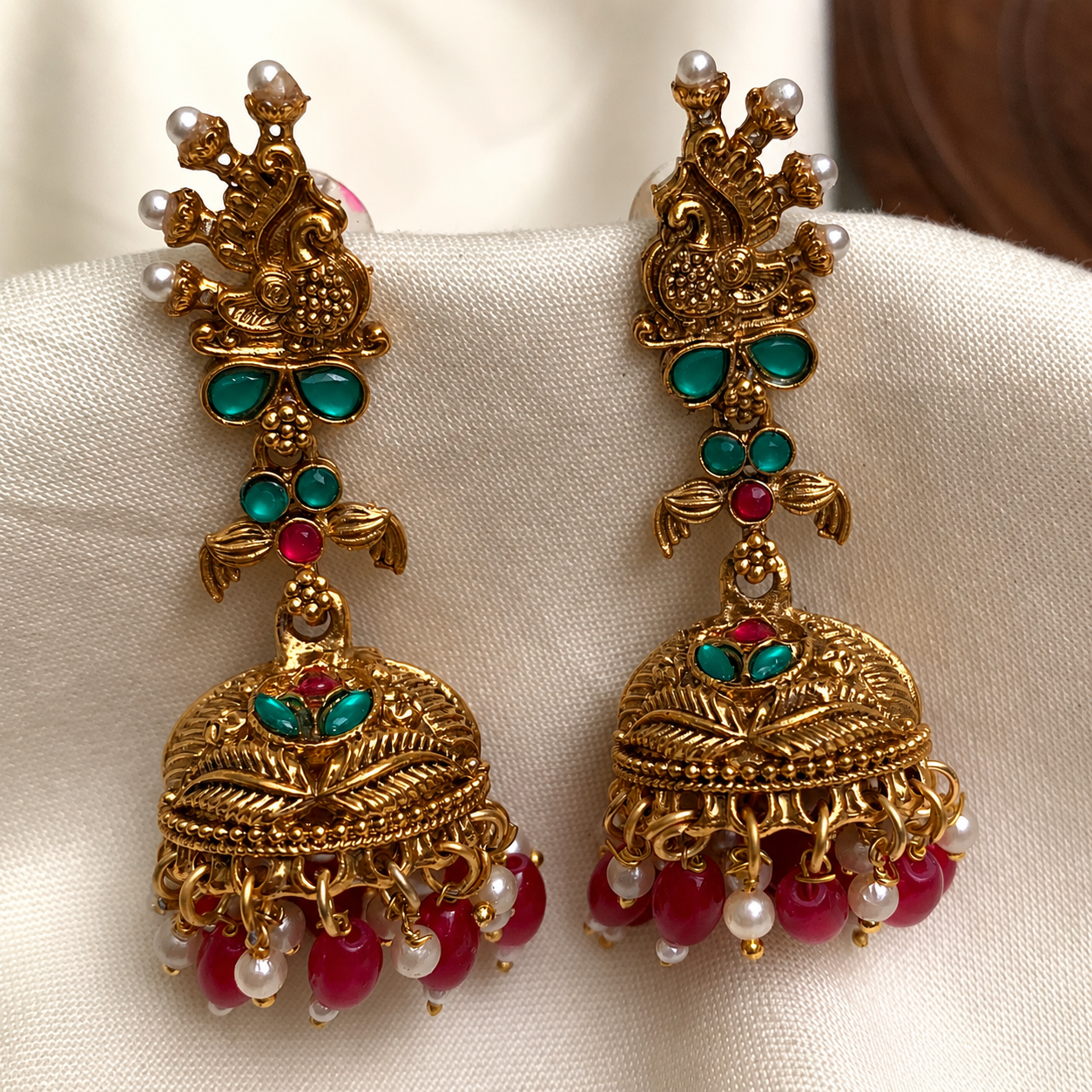 Antique Peacock Jhumka Earrings with Ruby Green Stones & Pearl Beads | TJ-001
