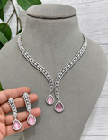 Premium Pink Stone CZ Rhodium Necklace Set with Matching Earrings