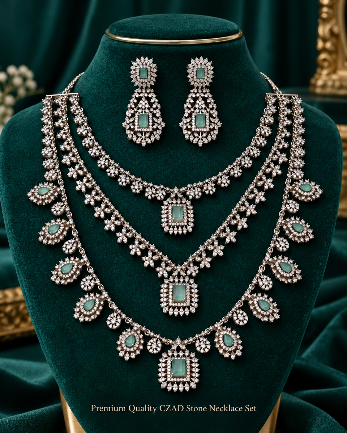 Premium Quality CZAD Stone 3 Step Silver Finish Bridal Necklace Set | SD-001