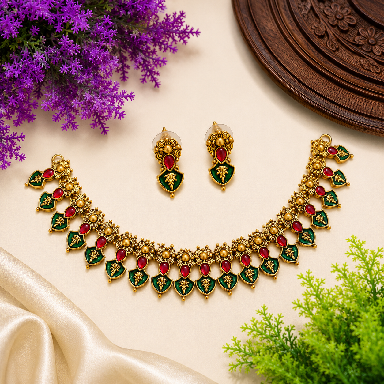 Budget Friendly Green and Red Stone Palakka Floral Necklace Set with Earrings | TN-026