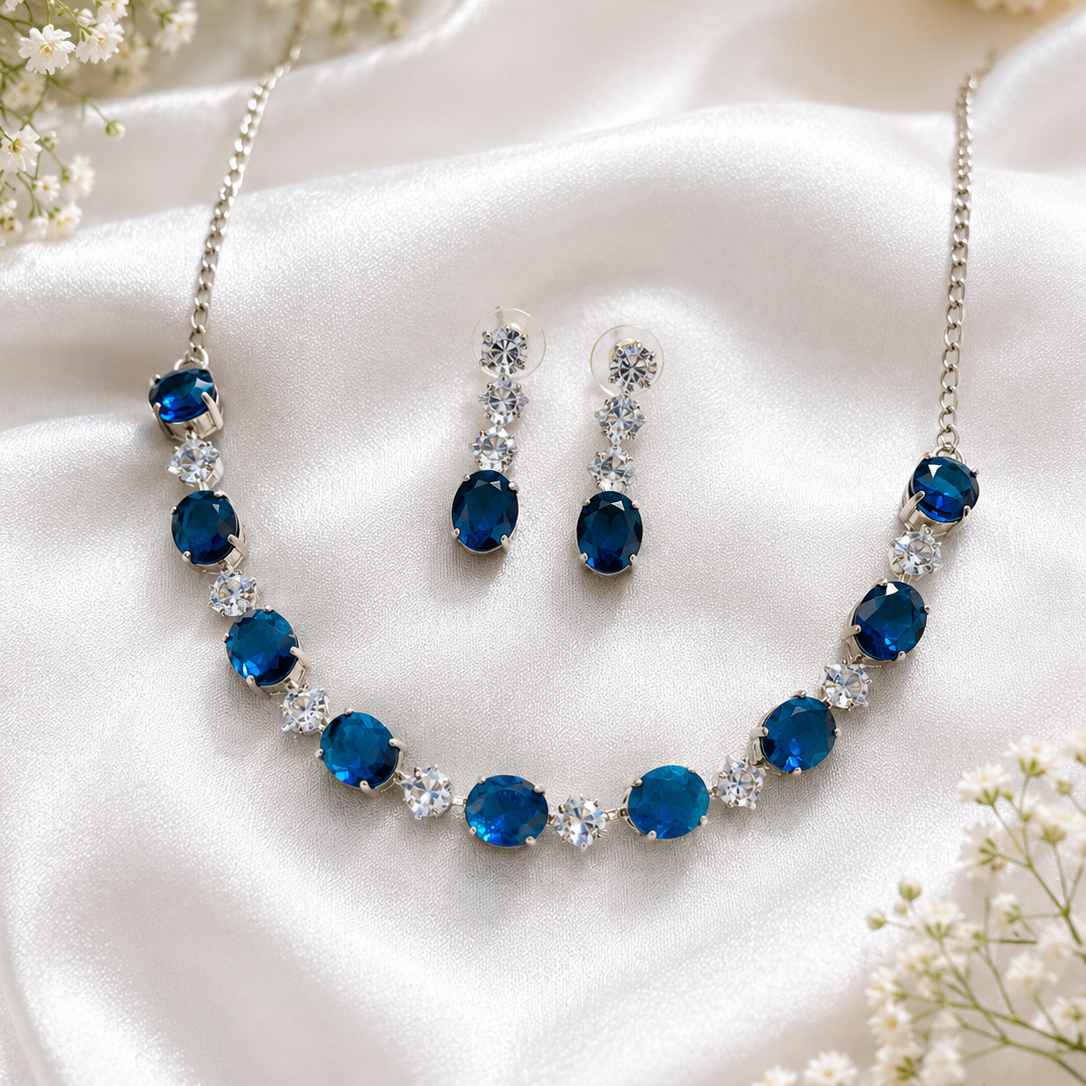 Royal Blue Stone Necklace Set with Earrings for Women and Kids | CN-003
