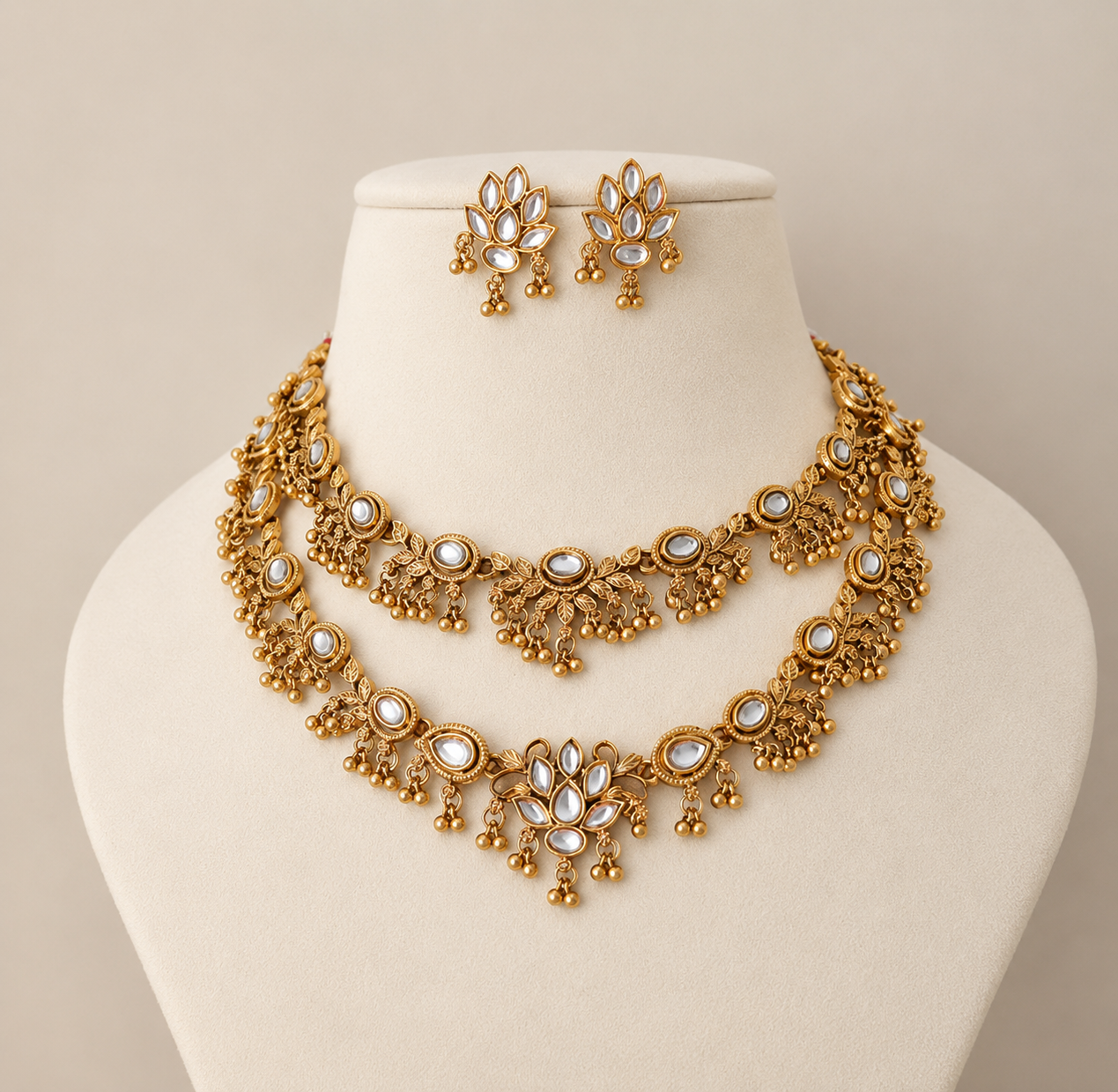 Antique Gold Layered Kundan Necklace Set – Traditional Ethnic Jewellery | TN-009