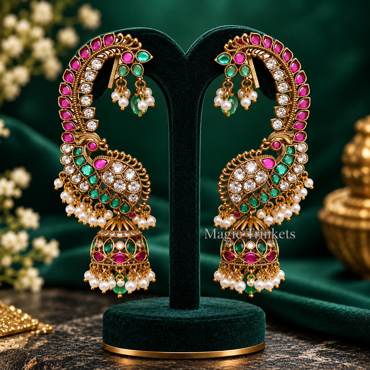 Premium Peacock Jhumka Earrings – Pink, Emerald Green & CZ with Pearl Drops | TJ-002