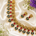 Budget-Friendly Ruby Red & Navy Blue Stone Palakka Floral Necklace Set with Earrings | TN-027