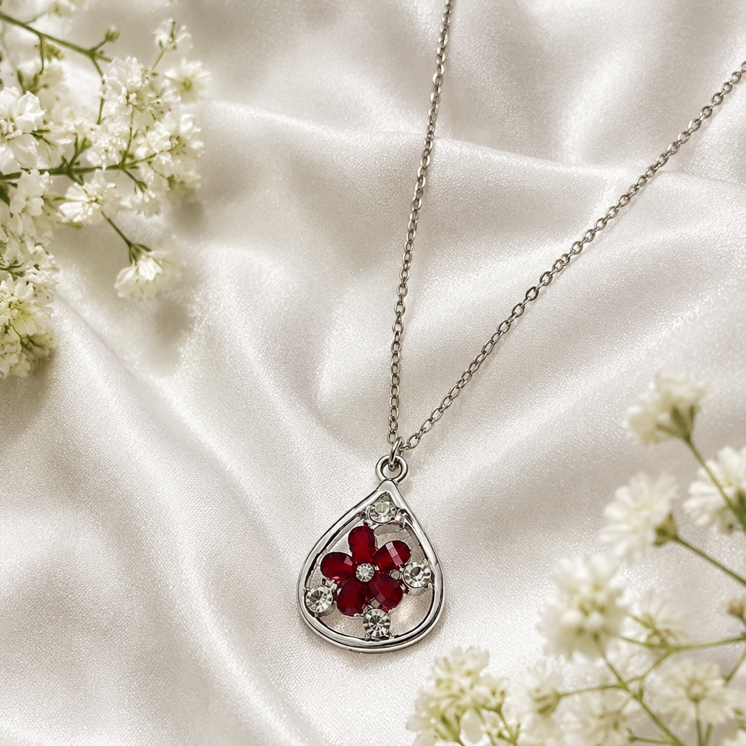Fancy White Metal Red Flower Pendant Chain for Girls & Women | Crystal Stone Necklace