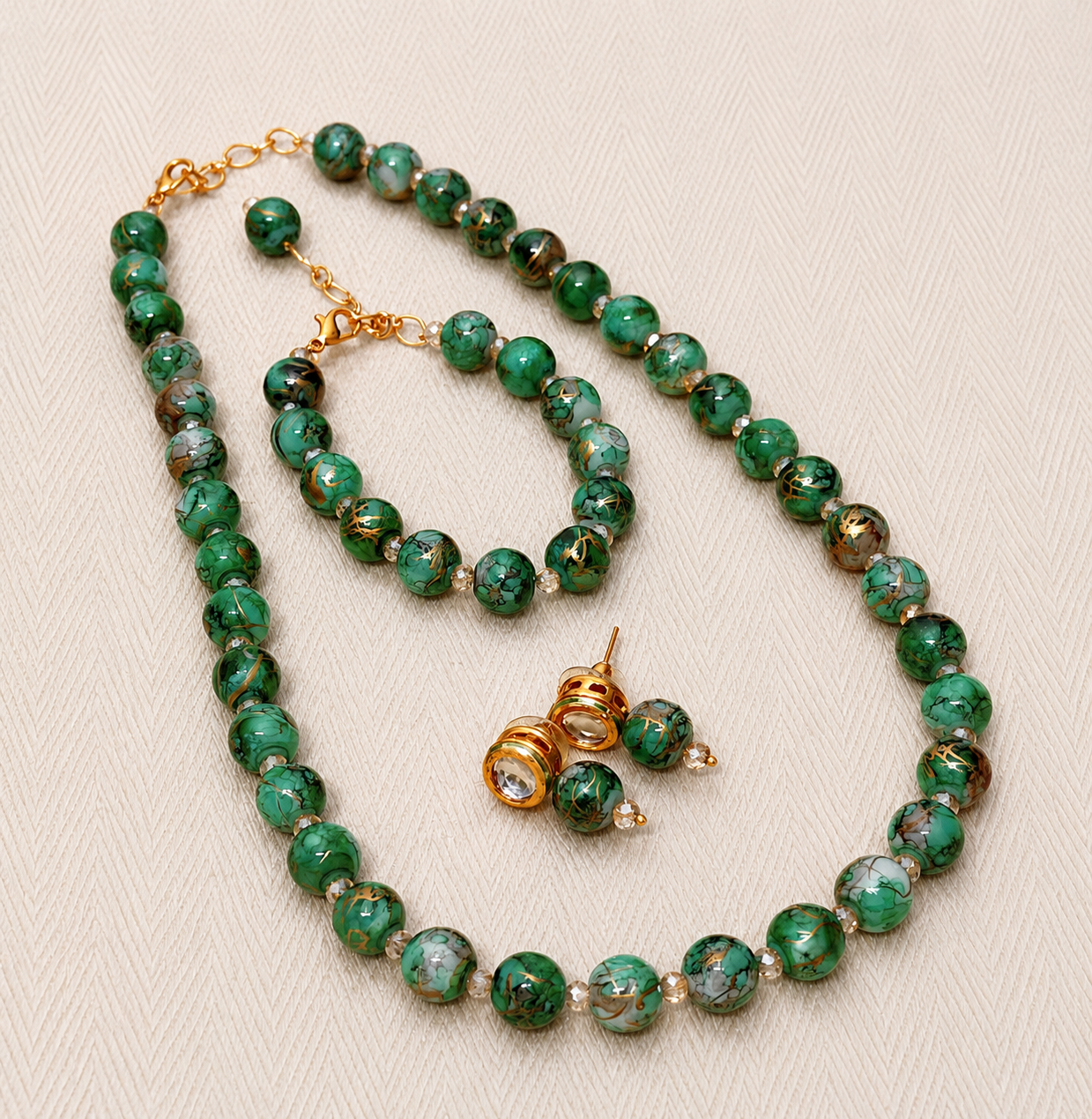 Green Marble Beaded Necklace Set with Bracelet & Earrings - BJ-002