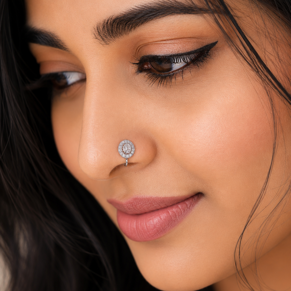 White Stone Clip-On Nose Ring | Adjustable Non-Piercing Nose Pin for Women | NR-001
