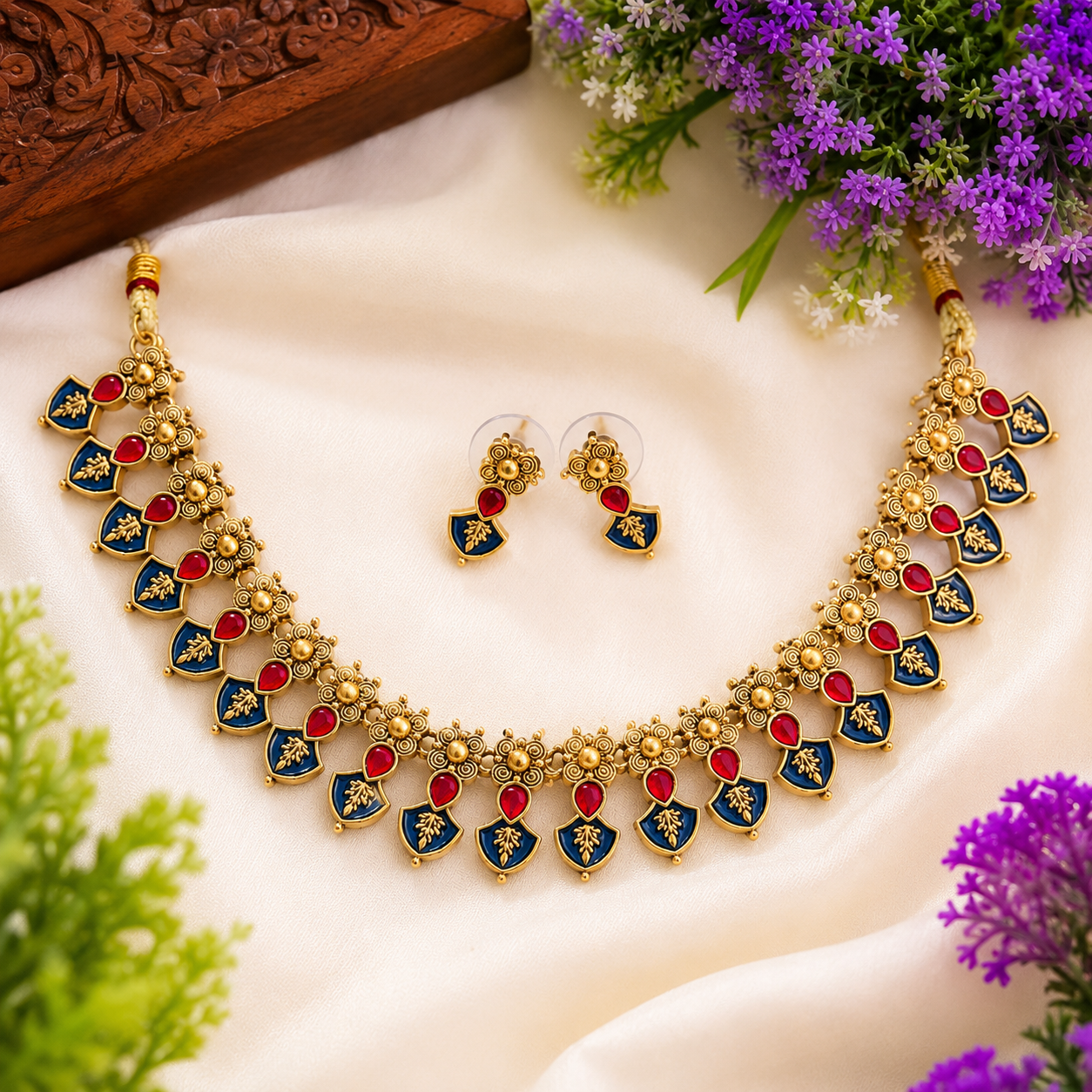 Budget-Friendly Ruby Red & Navy Blue Stone Palakka Floral Necklace Set with Earrings | TN-027