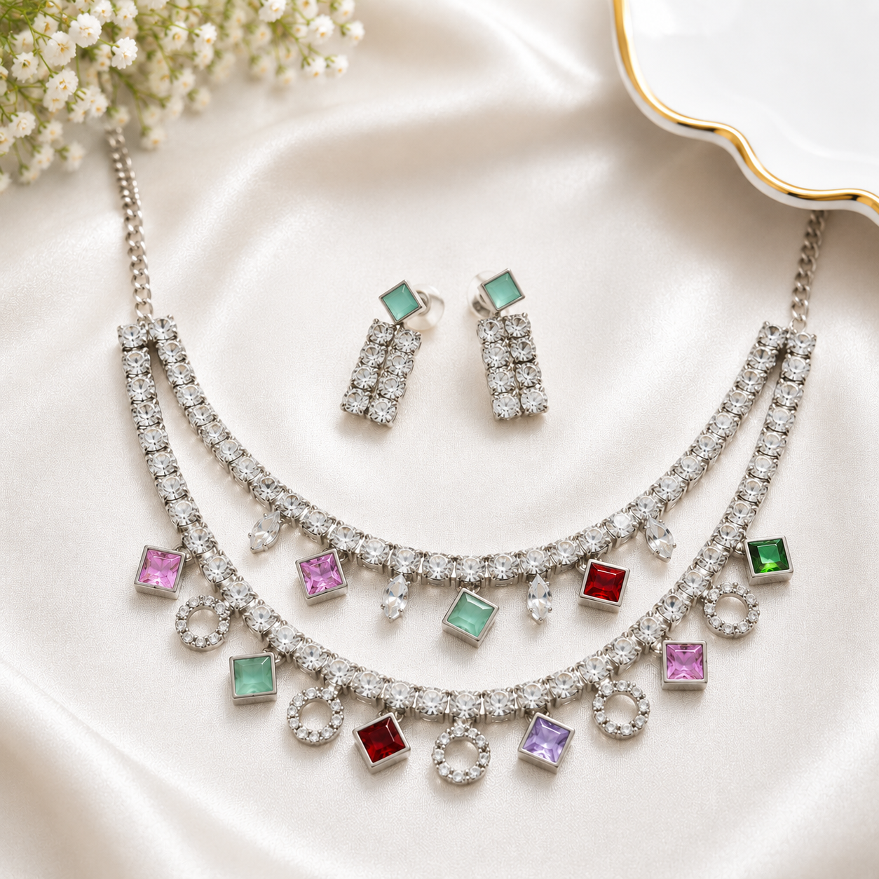 Double Layer Multicolor Crystal Charm Necklace Set with Earrings for Kids and Women | CN-005