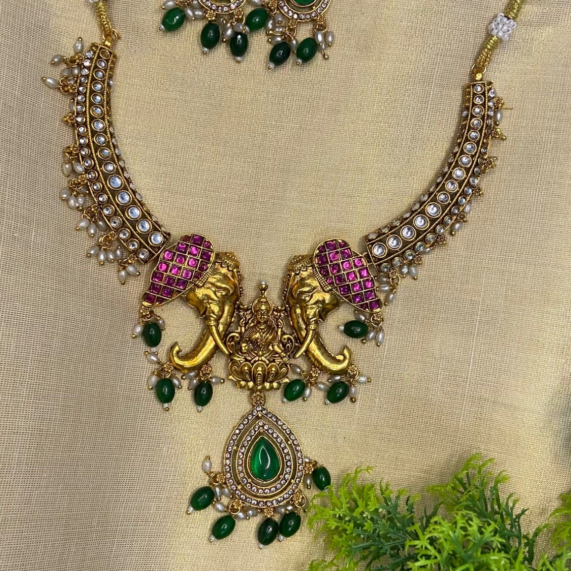 Premium Gold-Toned Lakshmi Elephant Pendant Necklace | TN-030