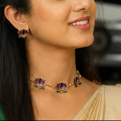 Onam Multi Colour Lotus Necklace Set – Traditional Kerala Jewellery | TN-008