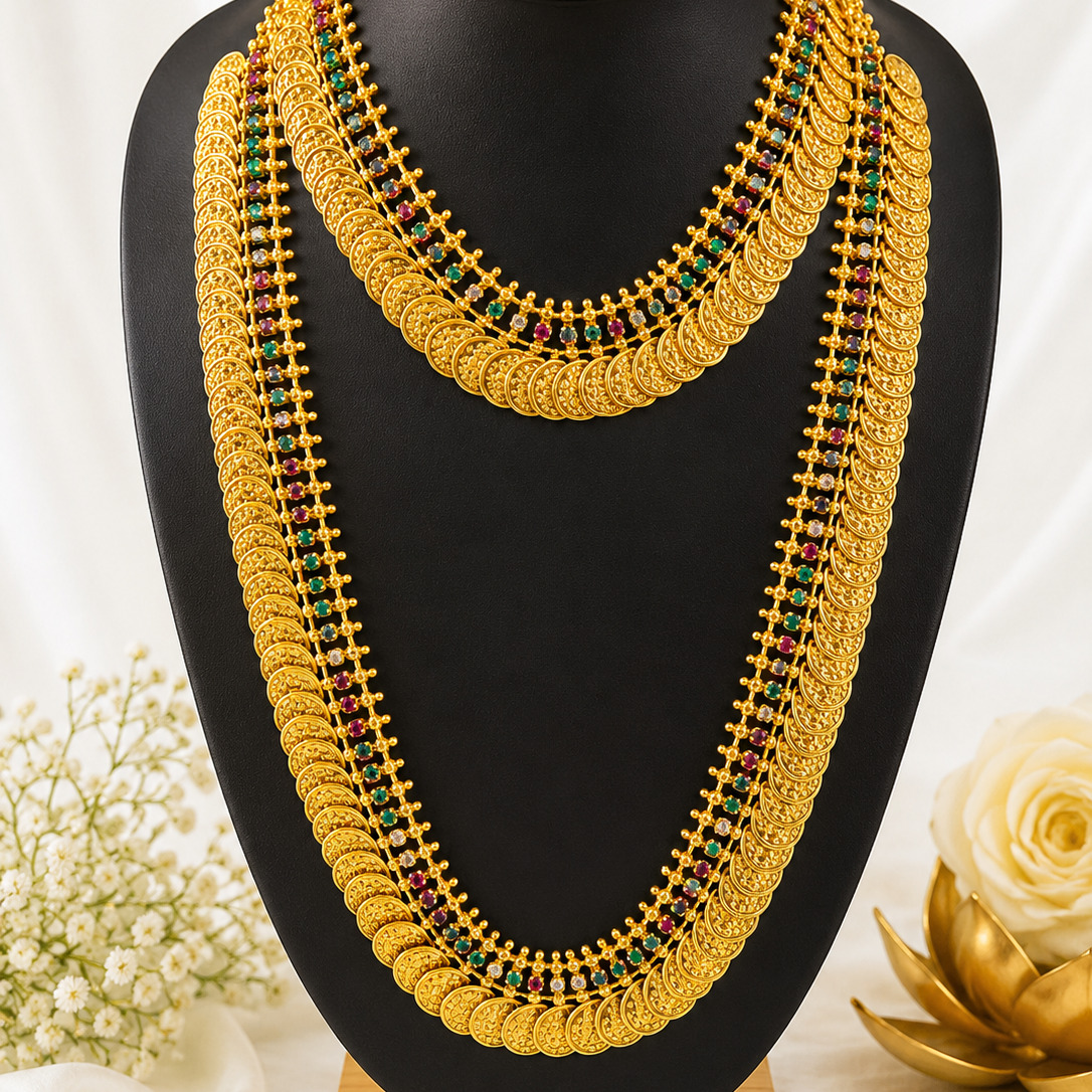 Antique Green & Ruby Stone Coin Necklace & Long Haram Set | TN-023