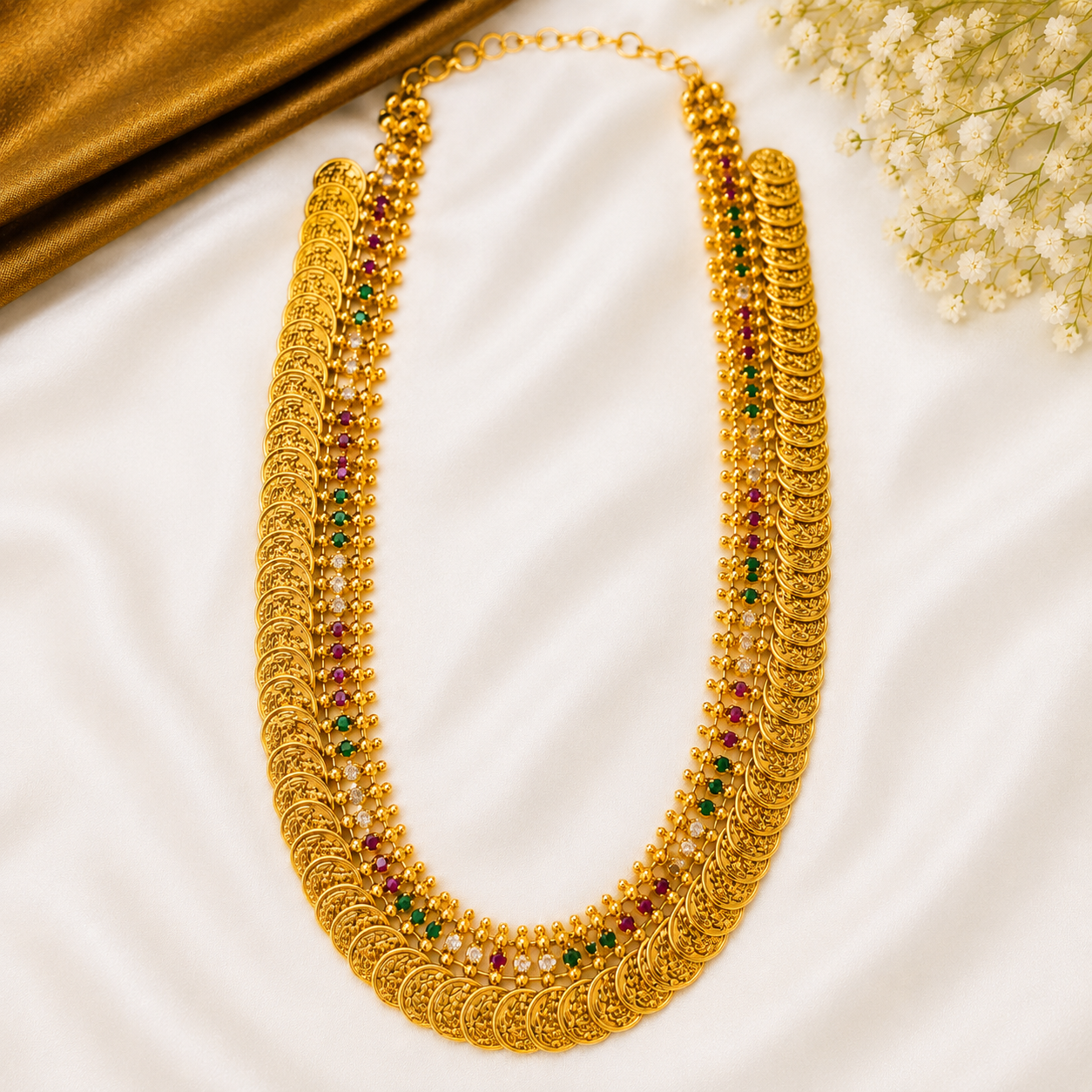 Antique Green & Ruby Stone Coin Necklace & Long Haram Set | TN-023
