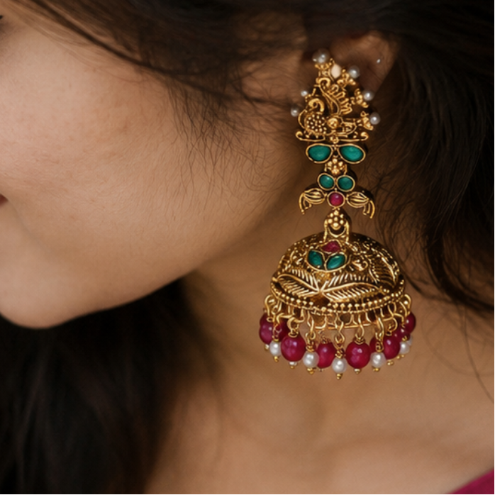 Woman wearing a blue saree with a pink blouse, showcasing traditional Peacock Jhumka 