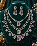 Premium Quality CZAD Stone 3 Step Silver Finish Bridal Necklace Set | SD-001