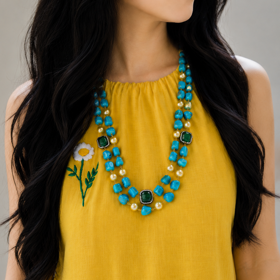 Multicolor Natural Stone & Glass Beads Layered Necklace | BJ-001
