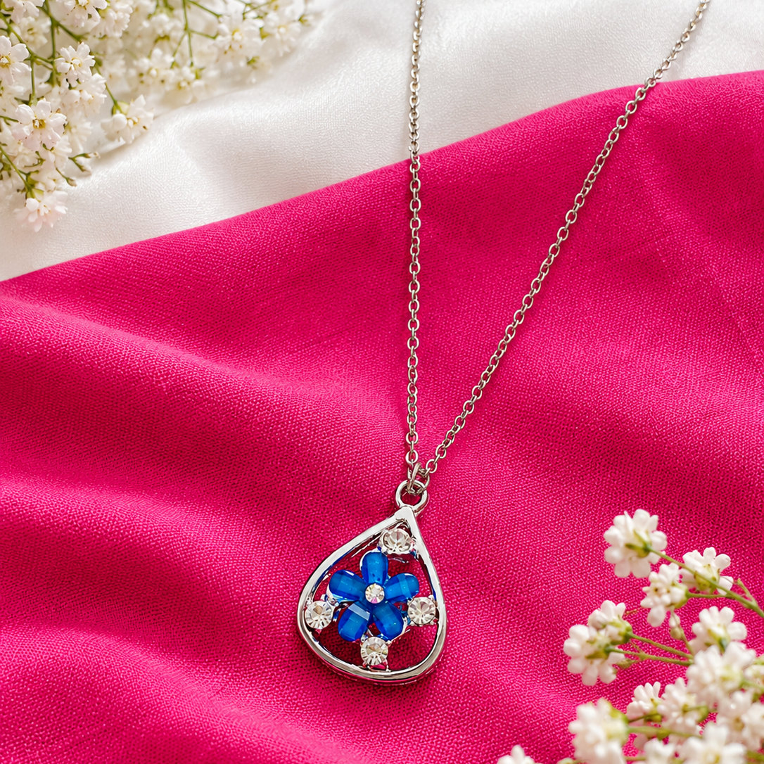 Fancy White Metal Blue Flower Pendant Chain for Girls & Women | Crystal Stone Necklace