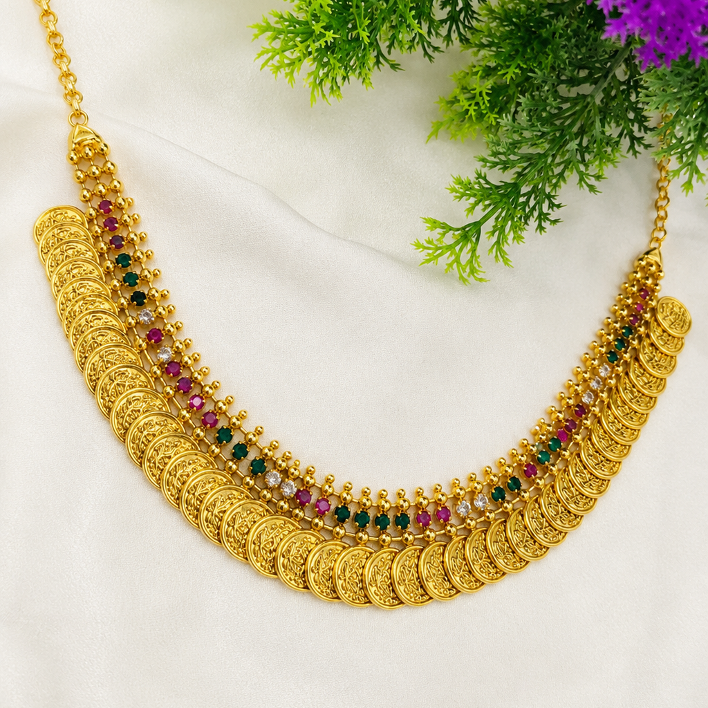 Antique Green & Ruby Stone Coin Necklace & Long Haram Set | TN-023