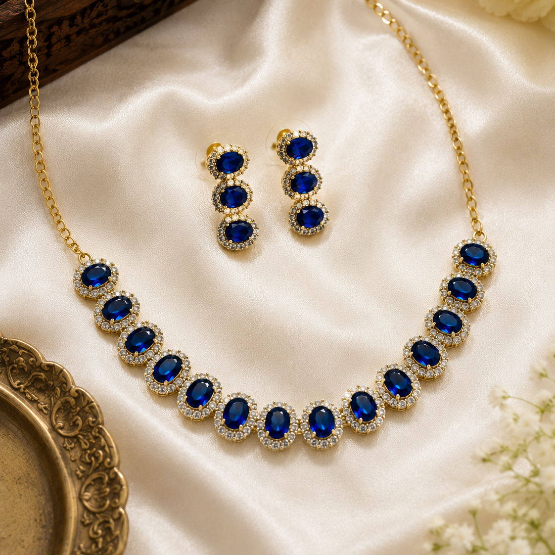 Royal Blue Stone Necklace Set with Earrings for Women and Kids | CN-001