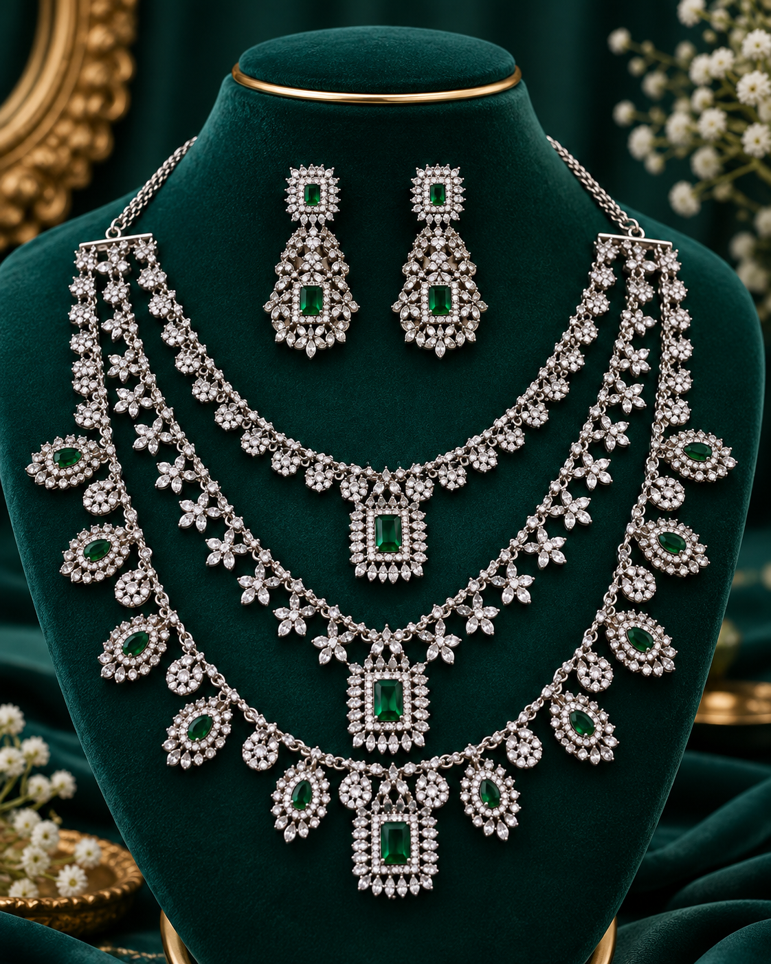 Premium Quality CZAD Stone 3 Step Silver Finish Bridal Necklace Set | SD-001