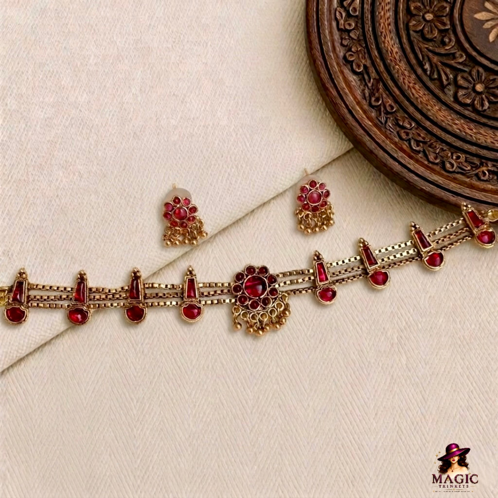 Onam Ruby Choker Necklace Set – Traditional Kerala Jewellery | TN-007