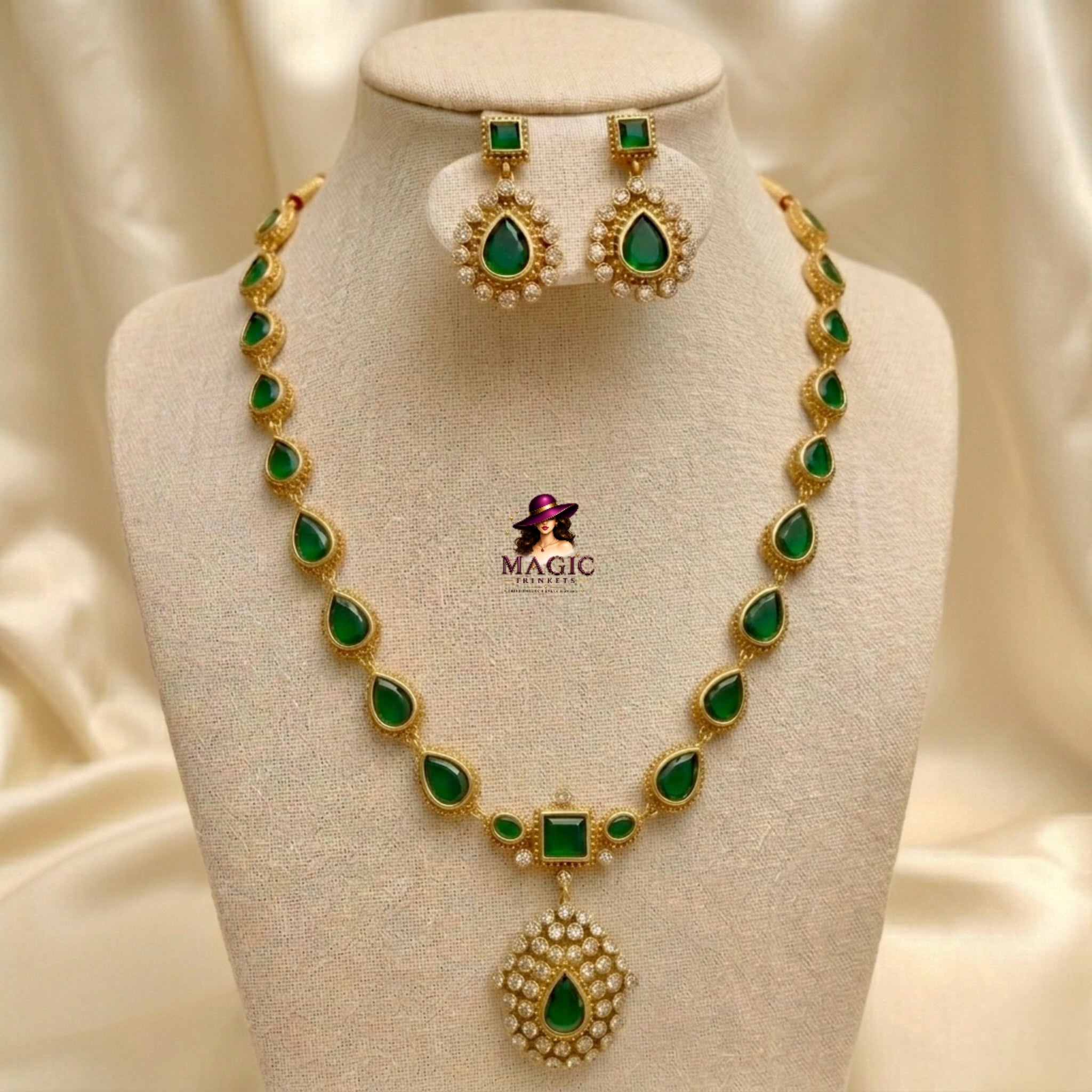 Jyothika Emerald Green Stone Premium Matte Finish Haaram Set | AD-004