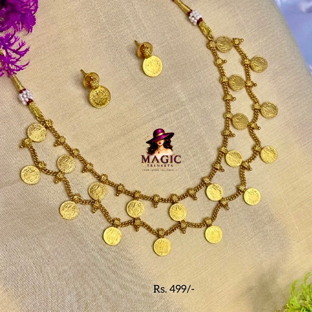 Traditional Antique Gold Coin Necklace Set with Earrings | Onam Kerala Necklace  TN-029