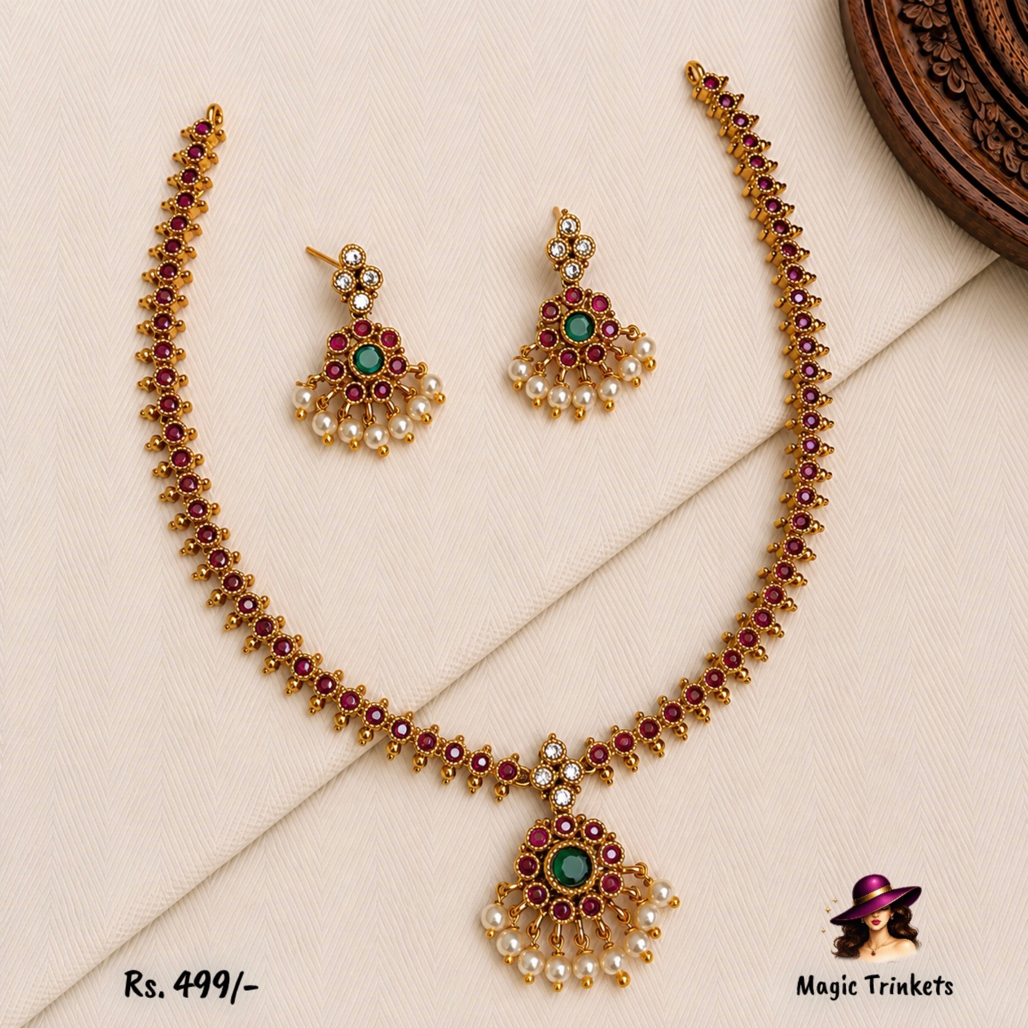 Premium Ruby & Green Stone Kemp Attigai Necklace Set | TN-033