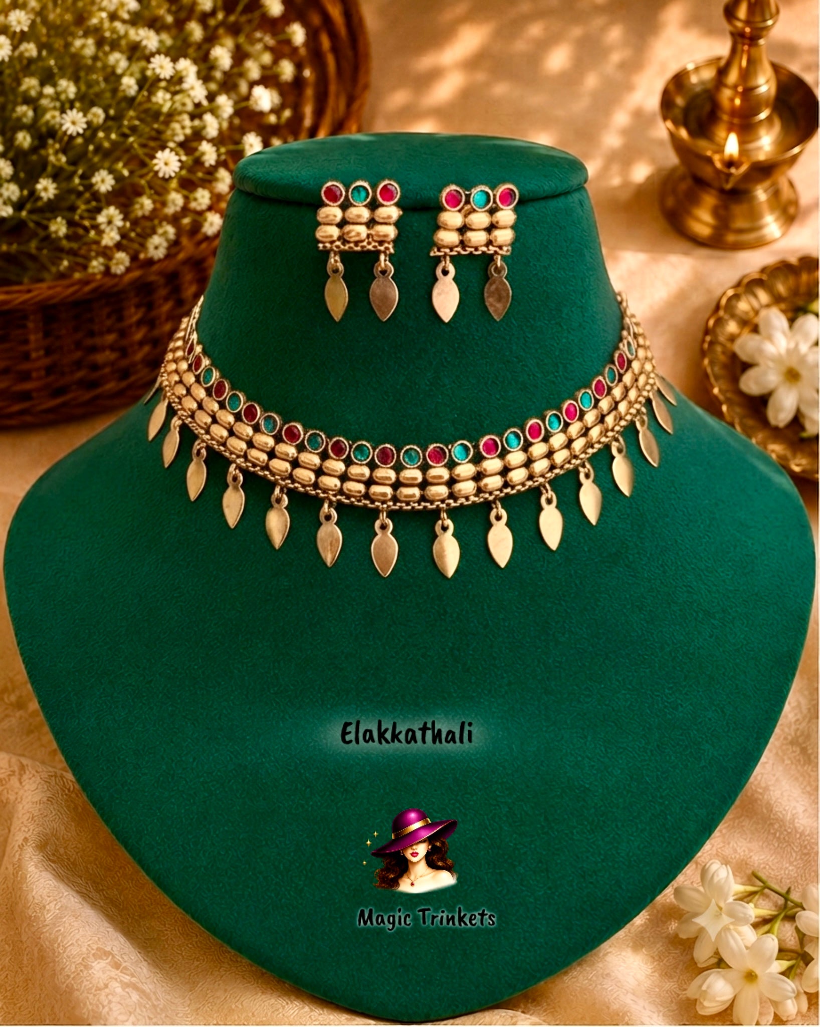 Ruby and Green Stone Antique Elakkathali Necklace Set | ET-002