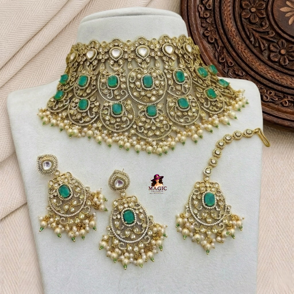 Emerald Kundan Bridal Choker Necklace Set with Earrings & Maang Tikka | BC-001