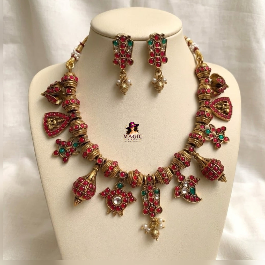 Traditional Temple Charm Necklace Set | Antique Ruby Stone Jewellery | TN-021
