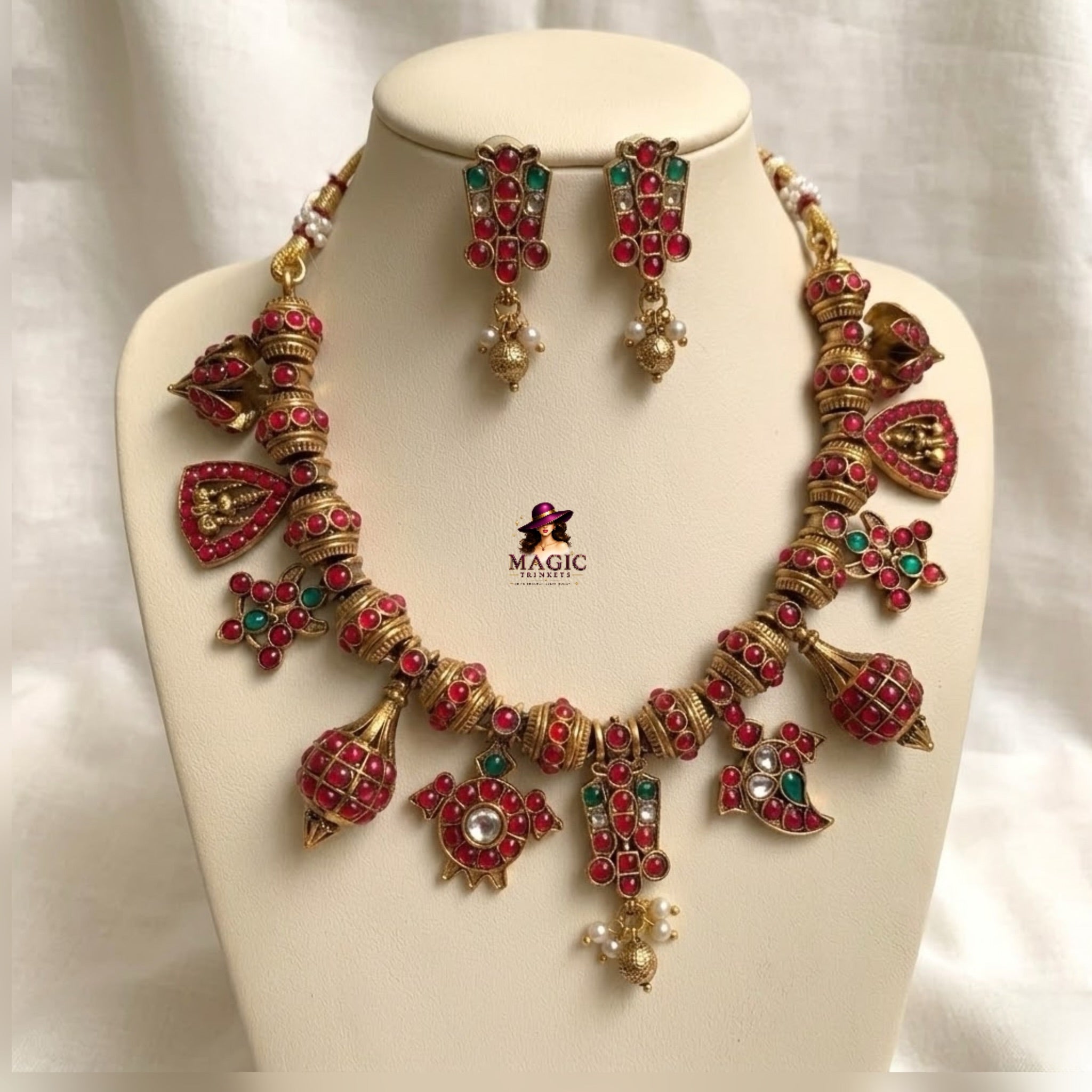 Traditional Temple Charm Necklace Set | Antique Ruby Stone Jewellery | TN-021