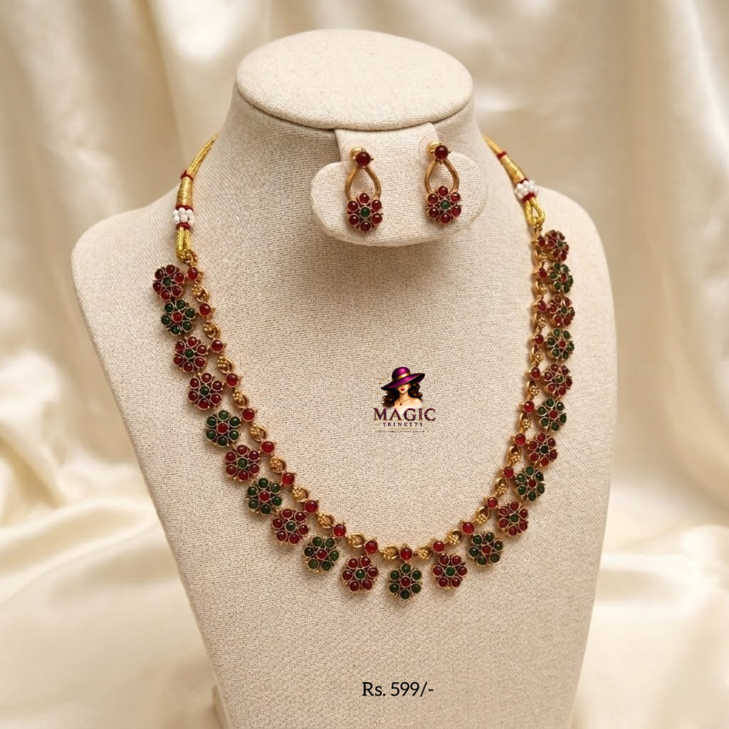 Antique Red & Green Stone Necklace Set | TN-021