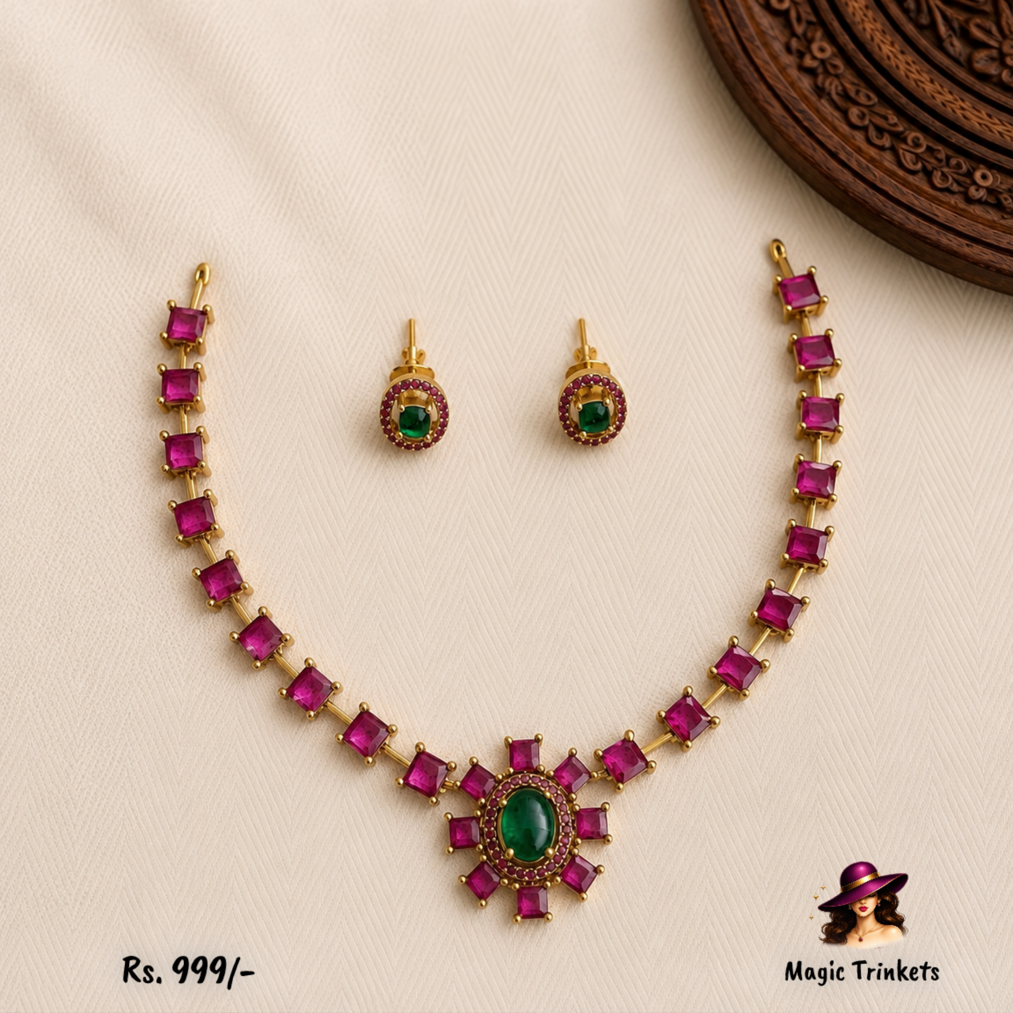 Premium Square Ruby Flexi Necklace Set with Green Stone | TN-034